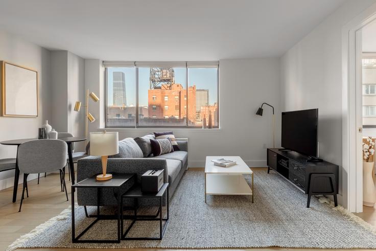 Elegantly designed living room with modern furnishings in an apartment at The Grove in Chelsea, New York