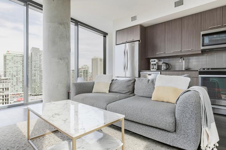 Salle de séjour élégante avec mobilier moderne dans un appartement à The Parker à Chicago, Chicago