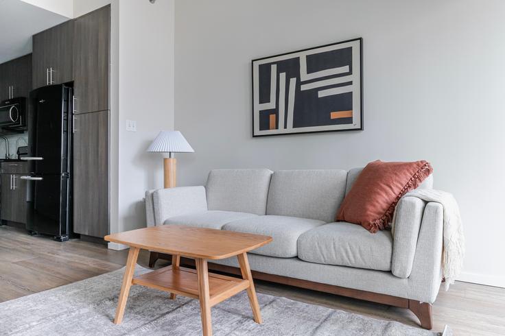 Elegante sala de estar con mobiliario moderno en un apartamento en Scott Residences en Chicago, Chicago Elegante sala de estar con mobiliario moderno en un apartamento en Scott Residences en Chicago, Chicago