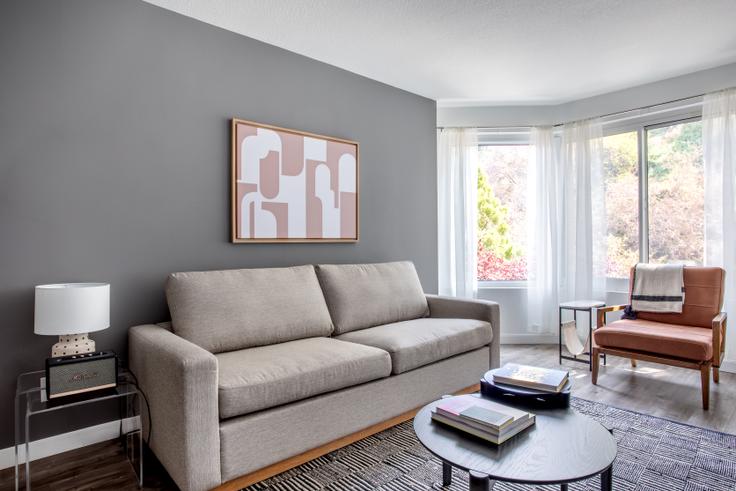 Elegantly designed living room with modern furnishings in an apartment at 240 Lombard in Telegraph Hill, San Francisco Bay Area