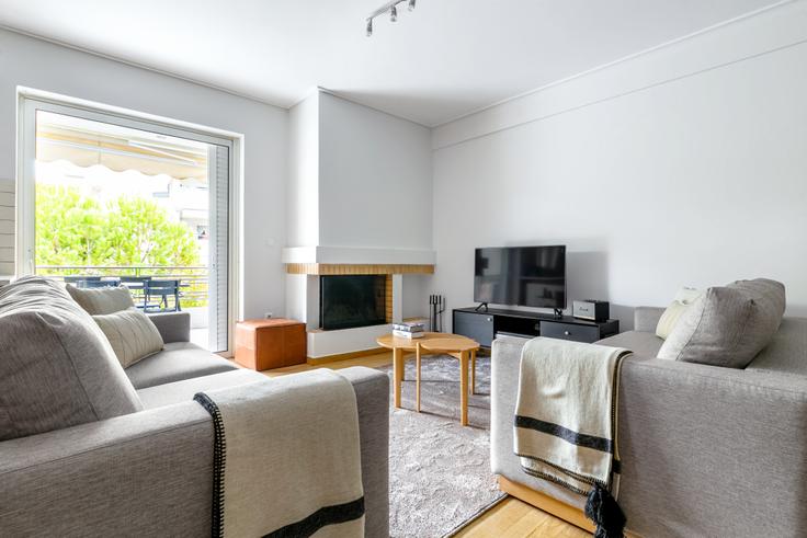 Elegantly designed living room with modern furnishings in an apartment at Vizantiou II in Marousi, Athens