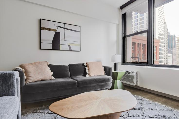 Chicago Chicagoの21 E Chestnutのアパートメントにある、モダンな家具を備えたエレガントなデザインのリビングルーム Chicago Chicagoの21 E Chestnutのアパートメントにある、モダンな家具を備えたエレガントなデザインのリビングルーム