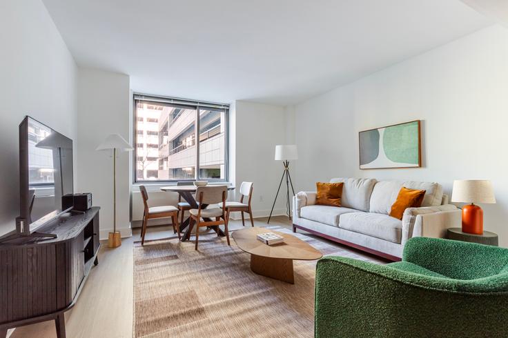 Queens, New York 소재 Avalon riverview 유닛에 마련된, 현대적인 가구로 꾸며진 우아한 디자인의 거실