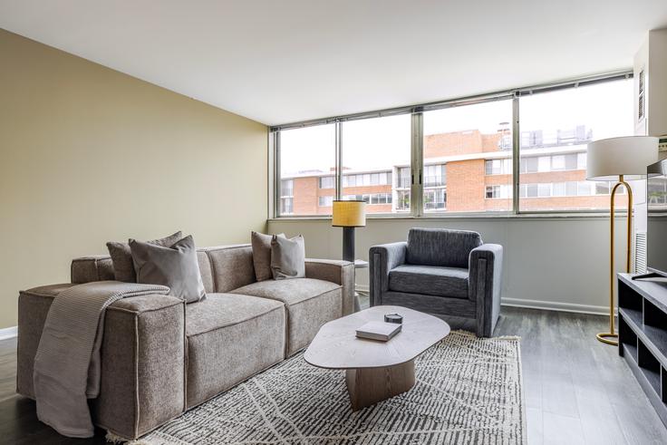 Elegant gestaltetes Wohnzimmer mit moderner Einrichtung in einer Wohnung im SCIO Medical District in Chicago, Chicago Elegant gestaltetes Wohnzimmer mit moderner Einrichtung in einer Wohnung im SCIO Medical District in Chicago, Chicago