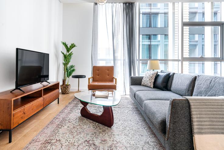 Salle de séjour élégante avec mobilier moderne dans un appartement à City Walk Building 15 à Al Wasl, Dubai