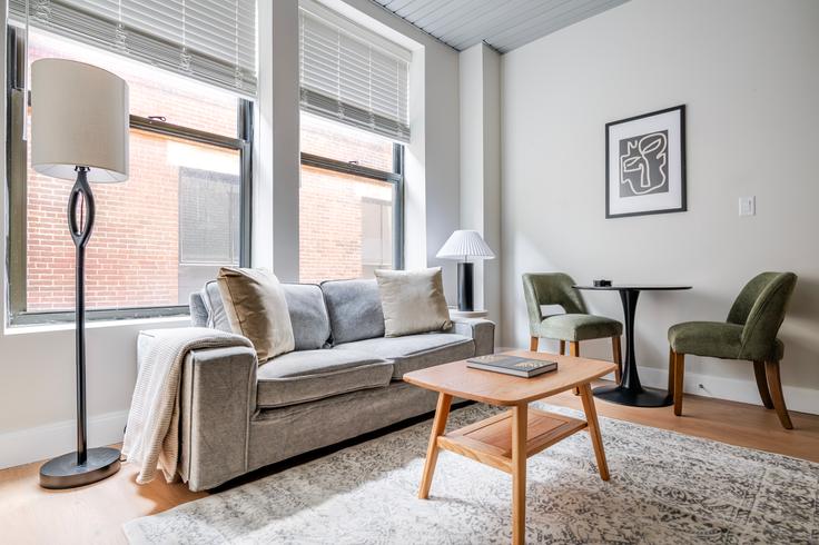 Elegantly designed living room with modern furnishings in an apartment at 44 Bromfield in Boston, Boston Elegantly designed living room with modern furnishings in an apartment at 44 Bromfield in Boston, Boston