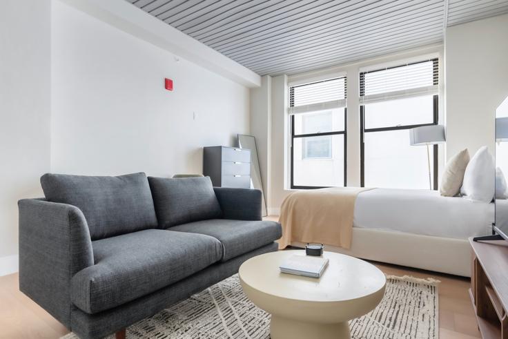 Elegantly designed living room with modern furnishings in an apartment at 44 Bromfield in Boston, Boston Elegantly designed living room with modern furnishings in an apartment at 44 Bromfield in Boston, Boston