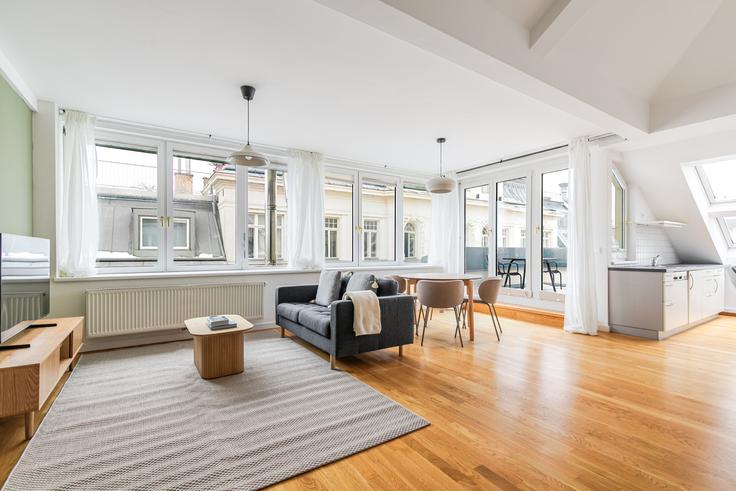 Mariahilferstraße 47 adresindeki bir dairede modern mobilyalarla zarif bir şekilde tasarlanmış oturma odası Vienna, Vienna