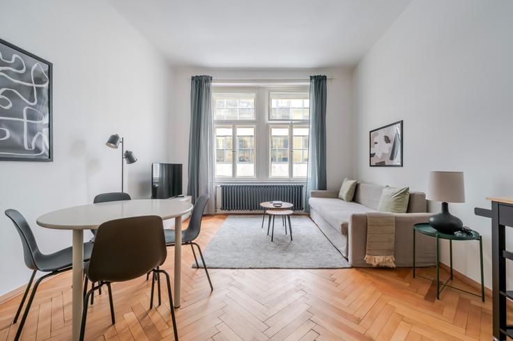 Elegantly designed living room with modern furnishings in an apartment at Heřmanova 1169/22 in Prague 7, Prague