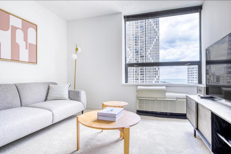 Elegantly designed living room with modern furnishings in an apartment at Lake Shore Plaza in Streeterville, Chicago