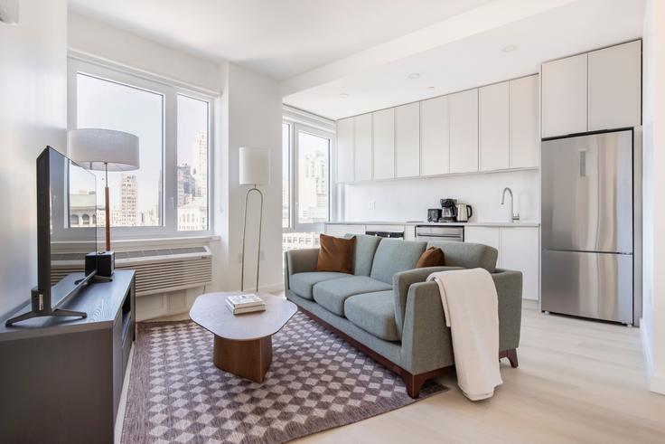 Salle de séjour élégante avec mobilier moderne dans un appartement à Lawrence Tower à Brooklyn, New York