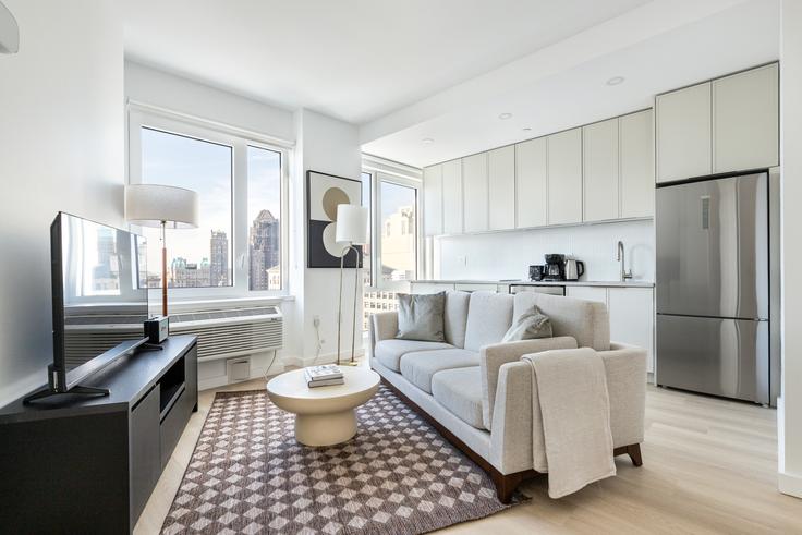 Salle de séjour élégante avec mobilier moderne dans un appartement à Lawrence Tower à Brooklyn, New York