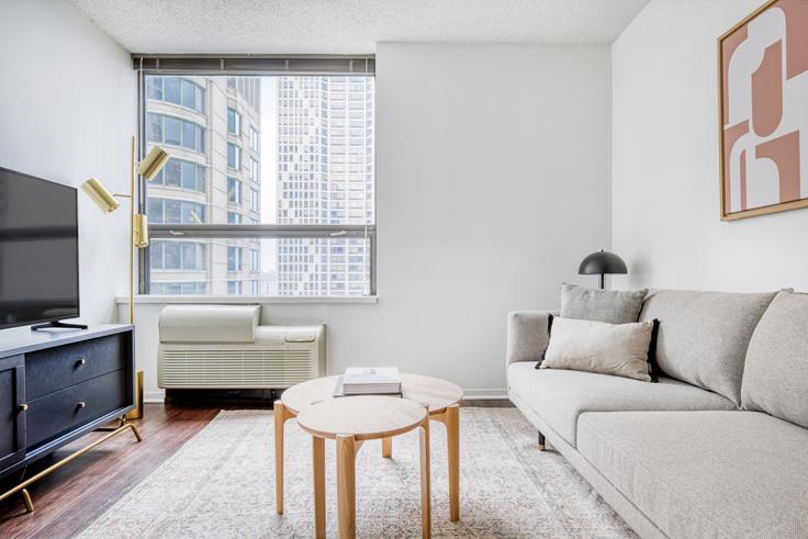 Chicago, Chicago에 위치한 Lake Shore Plaza 아파트의 세련된 인테리어가 돋보이는 거실 Chicago, Chicago에 위치한 Lake Shore Plaza 아파트의 세련된 인테리어가 돋보이는 거실