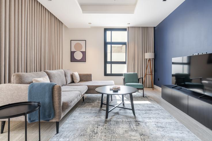 Elegantly designed living room with modern furnishings in an apartment at Al Majdiah Residence 135 in Riyadh, Riyadh