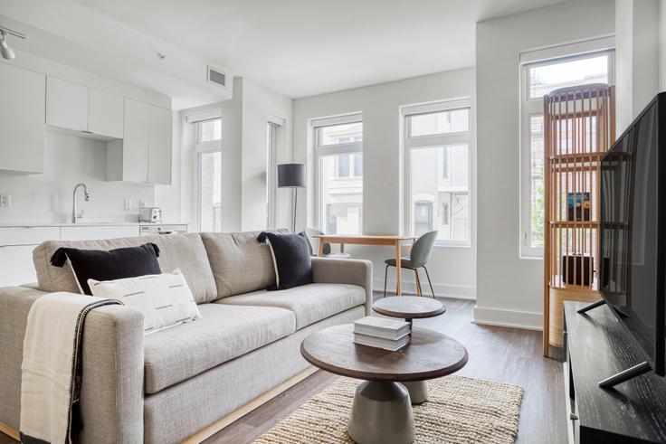 Madison House adresindeki bir dairede modern mobilyalarla zarif bir şekilde tasarlanmış oturma odası Washington, Washington