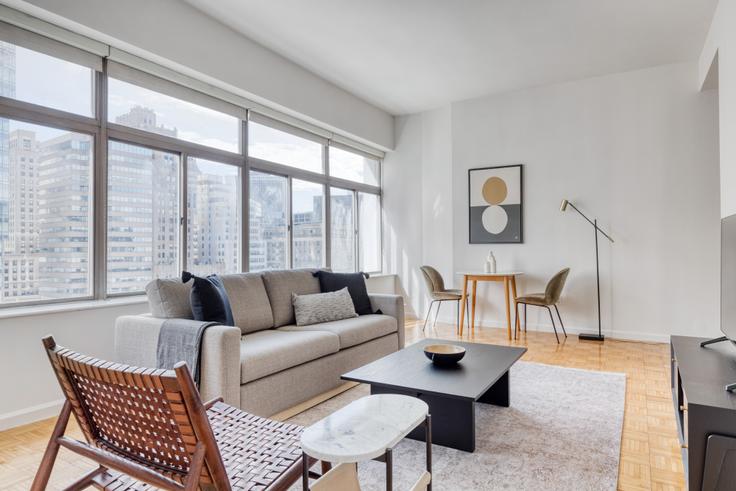 Salle de séjour élégante avec mobilier moderne dans un appartement à 90 Washington à Manhattan, New York Salle de séjour élégante avec mobilier moderne dans un appartement à 90 Washington à Manhattan, New York
