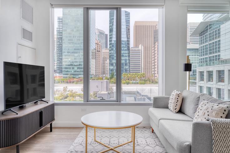 Elegantly designed living room with modern furnishings in an apartment at Spera in Rincon Hill, San Francisco Bay Area