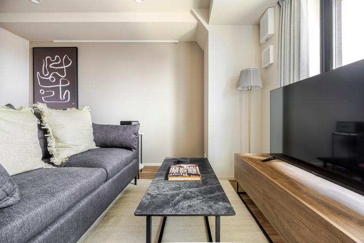 Salle de séjour élégante avec mobilier moderne dans un appartement à THE PARK CROSS ICHIGAYA HARAIKATAMACHI à Shinjuku City, Tokyo