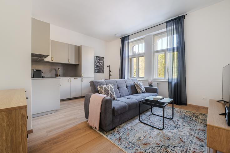 Sala de estar elegantemente projetada com móveis modernos em um apartamento no Plzeňská 241/171 em Prague 5, Prague