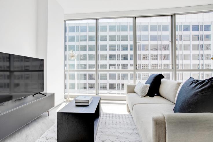 Elegant gestaltetes Wohnzimmer mit moderner Einrichtung in einer Wohnung im The Hepburn in Washington, Washington Elegant gestaltetes Wohnzimmer mit moderner Einrichtung in einer Wohnung im The Hepburn in Washington, Washington