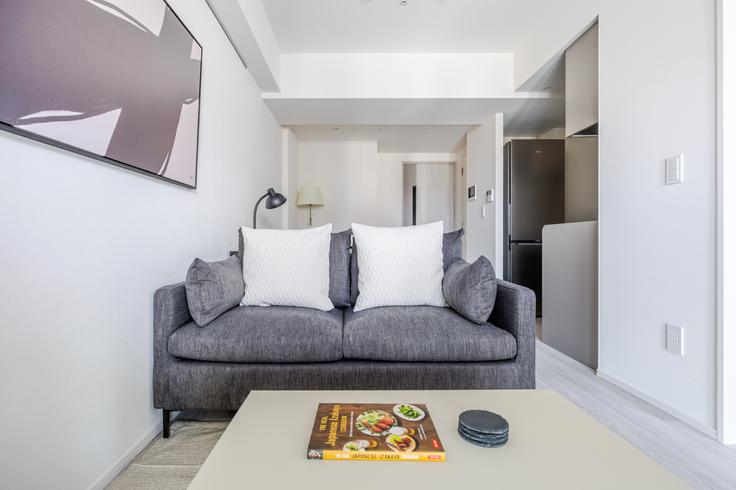 Elegante sala de estar con mobiliario moderno en un apartamento en Brillia ist Asakusa en Taito City, Tokyo Elegante sala de estar con mobiliario moderno en un apartamento en Brillia ist Asakusa en Taito City, Tokyo