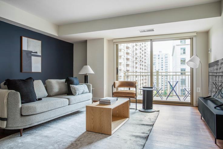 Elegantly designed living room with modern furnishings in an apartment at Randolph Towers in Ballston, Washington D.C.