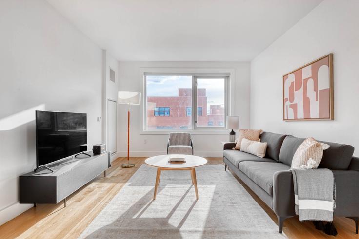 Sala de estar elegantemente projetada com móveis modernos em um apartamento no 241 Atlantic Avenue em Brooklyn, New York Sala de estar elegantemente projetada com móveis modernos em um apartamento no 241 Atlantic Avenue em Brooklyn, New York