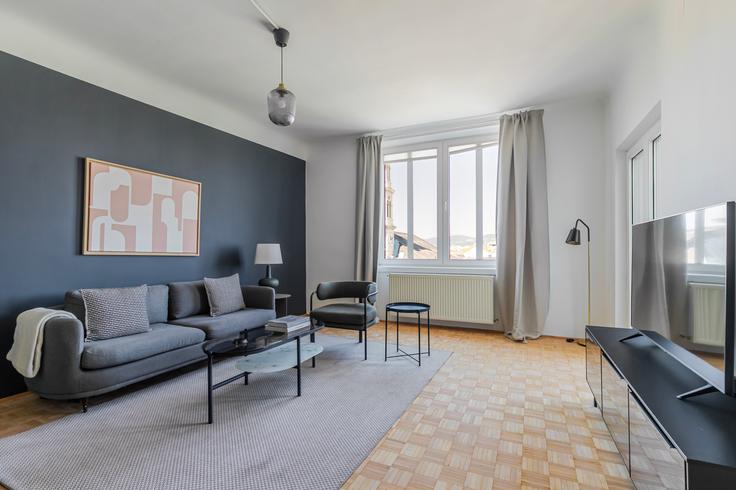 Elegante sala de estar con mobiliario moderno en un apartamento en Praterstraße 52 en Vienna, Vienna