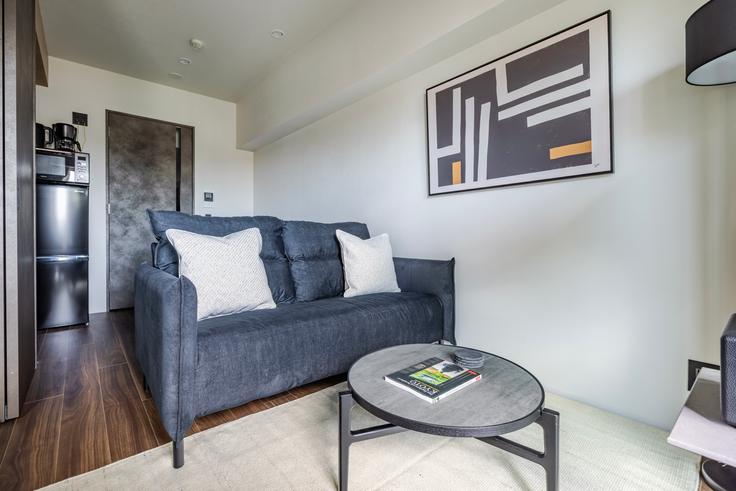 Duo Flats Ikejiri-Ohashi Norris adresindeki bir dairede modern mobilyalarla zarif bir şekilde tasarlanmış oturma odası Meguro City, Tokyo