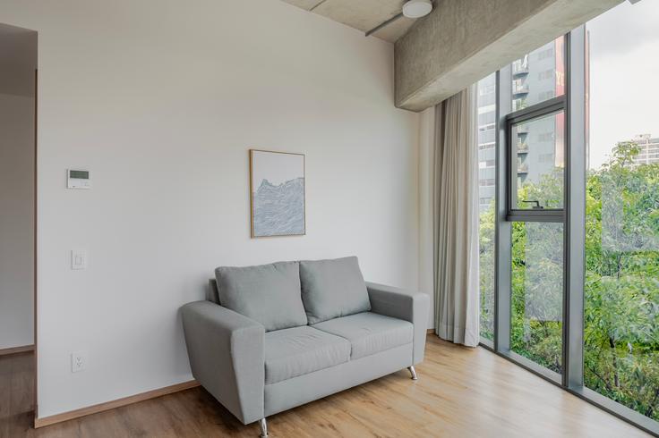 Elegant gestaltetes Wohnzimmer mit moderner Einrichtung in einer Wohnung im Magda in Mexico City, Mexico City Elegant gestaltetes Wohnzimmer mit moderner Einrichtung in einer Wohnung im Magda in Mexico City, Mexico City