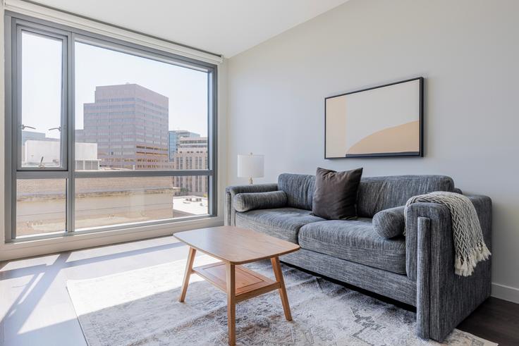 Elegantly designed living room with modern furnishings in an apartment at The Civic in San Francisco, San Francisco Elegantly designed living room with modern furnishings in an apartment at The Civic in San Francisco, San Francisco