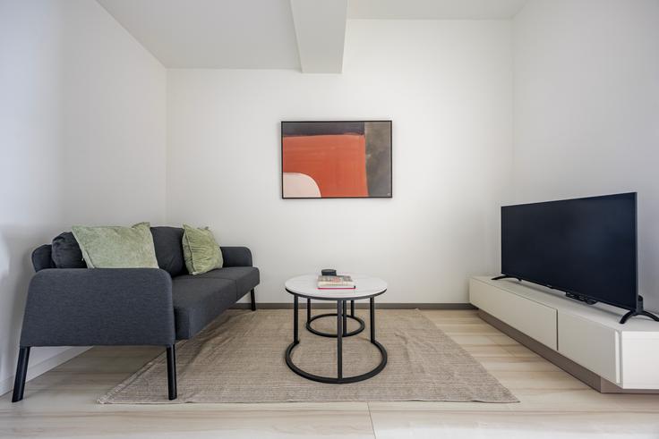 Elegant gestaltetes Wohnzimmer mit moderner Einrichtung in einer Wohnung im Accogliente in Shinjuku City, Tokyo Elegant gestaltetes Wohnzimmer mit moderner Einrichtung in einer Wohnung im Accogliente in Shinjuku City, Tokyo