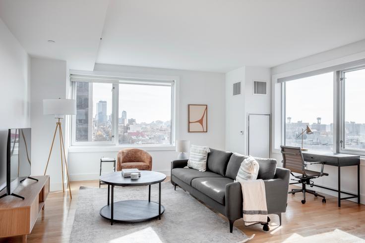 Elegantly designed living room with modern furnishings in an apartment at 241 Atlantic Avenue in Downtown Brooklyn, New York