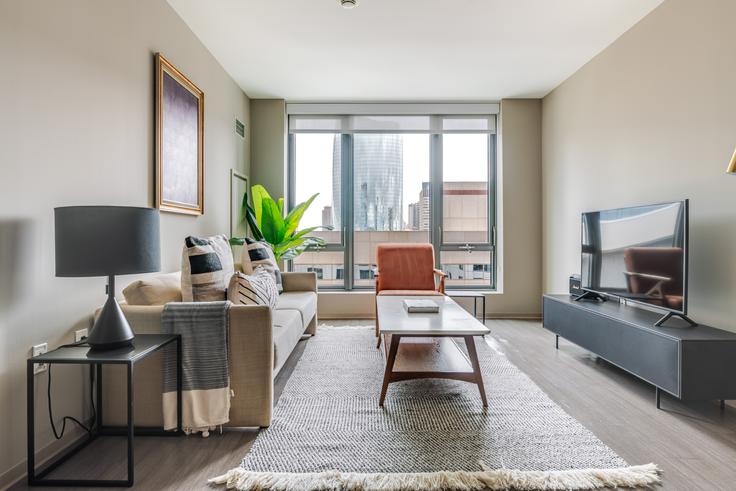 Boston, Boston에 위치한 Avalon north station 유닛의 세련된 인테리어가 돋보이는 거실 Boston, Boston에 위치한 Avalon north station 유닛의 세련된 인테리어가 돋보이는 거실