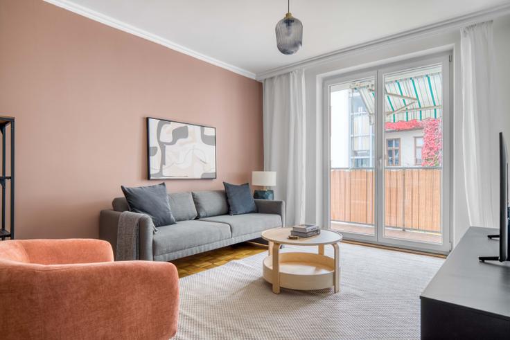 Elegantly designed living room with modern furnishings in an apartment at Neustiftgasse 96 Stiege 2 in 7th District - Neubau, Vienna