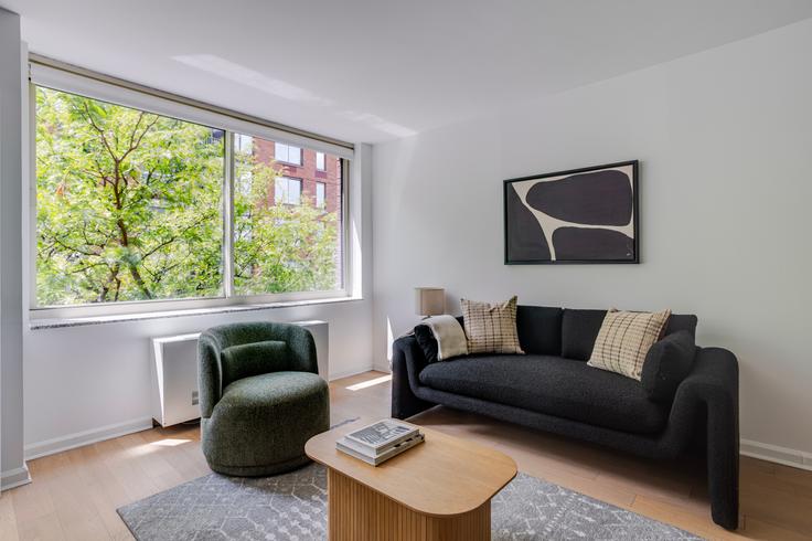 Sala de estar elegantemente projetada com móveis modernos em um apartamento no Tribeca Park em Manhattan, New York Sala de estar elegantemente projetada com móveis modernos em um apartamento no Tribeca Park em Manhattan, New York
