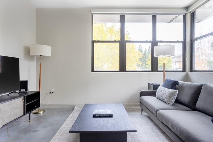 Elegante sala de estar con mobiliario moderno en un apartamento en E3 en Boston, Boston Elegante sala de estar con mobiliario moderno en un apartamento en E3 en Boston, Boston