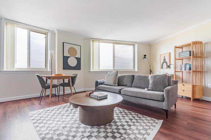 Elegante sala de estar con mobiliario moderno en un apartamento en Quincy Plaza en Arlington, Arlington Elegante sala de estar con mobiliario moderno en un apartamento en Quincy Plaza en Arlington, Arlington