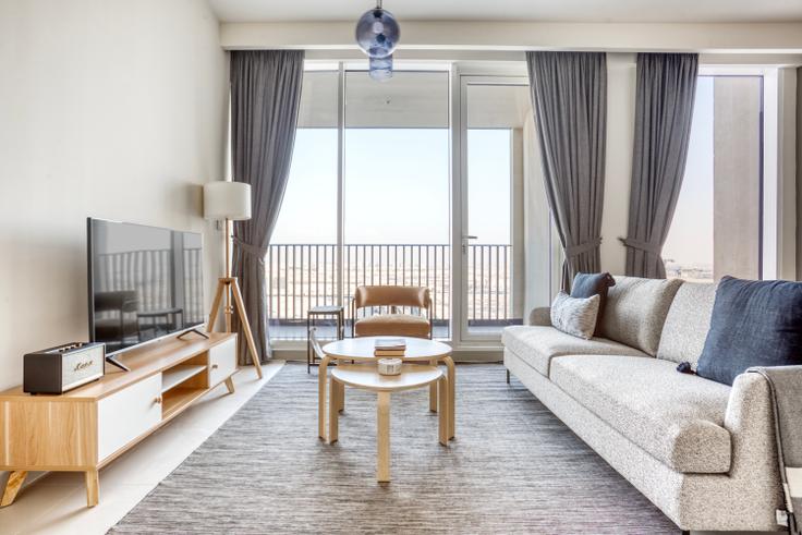 Elegantly designed living room with modern furnishings in an apartment at Harbour Gate Tower 2 in Dubai Creek Harbour, Dubai