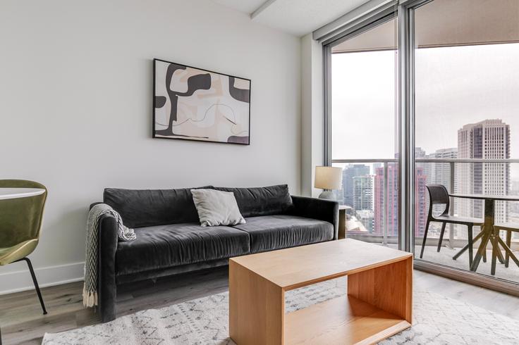Elegantly designed living room with modern furnishings in an apartment at Left Bank in Chicago, Chicago Elegantly designed living room with modern furnishings in an apartment at Left Bank in Chicago, Chicago