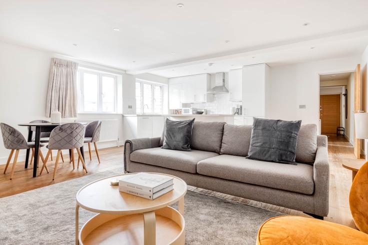 Elegantly designed living room with modern furnishings in an apartment at 318-324 Edgware Road, London, W2 1DY in Marylebone, London