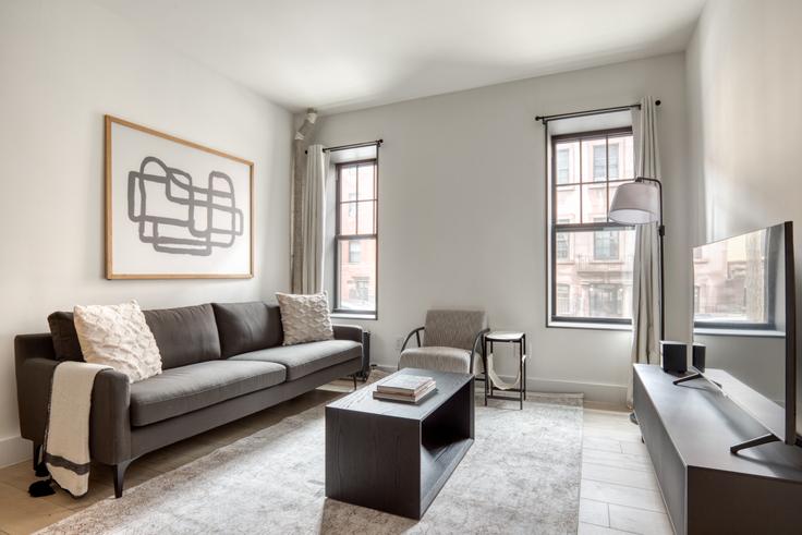 Salle de séjour élégante avec mobilier moderne dans un appartement à The Henry à Brooklyn, New York Salle de séjour élégante avec mobilier moderne dans un appartement à The Henry à Brooklyn, New York