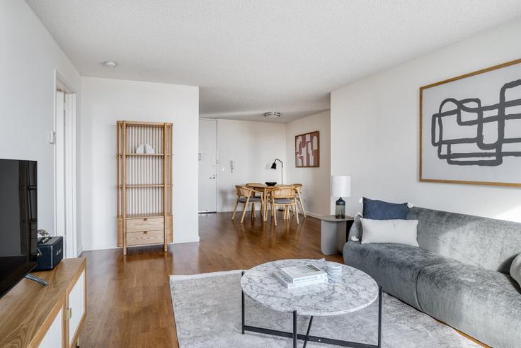 Sala de estar elegantemente projetada com móveis modernos em um apartamento no The monterey em Manhattan, New York Sala de estar elegantemente projetada com móveis modernos em um apartamento no The monterey em Manhattan, New York