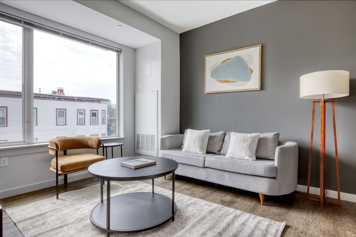 Elegantly designed living room with modern furnishings in an apartment at Chroma in Cambridgeport, Boston