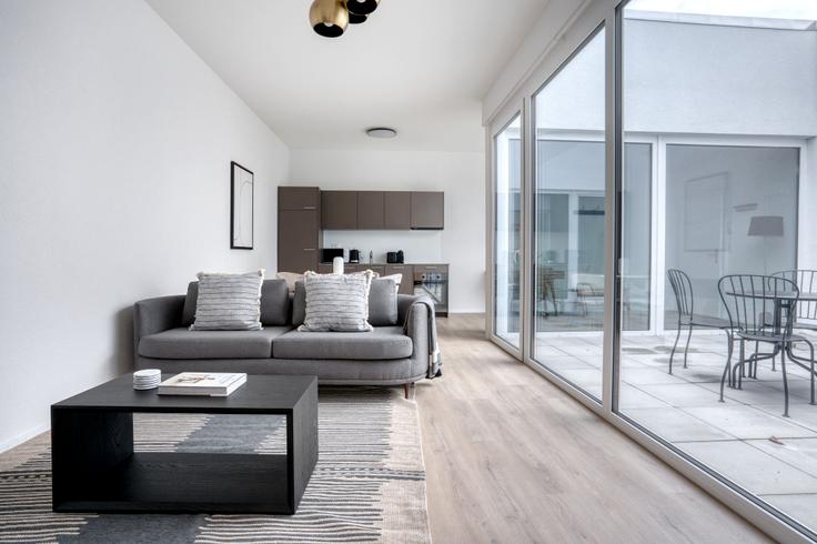 Elegantly designed living room with modern furnishings in an apartment at In den Ziegelhöfen 20a, 4054 Basel in Bachletten, Basel