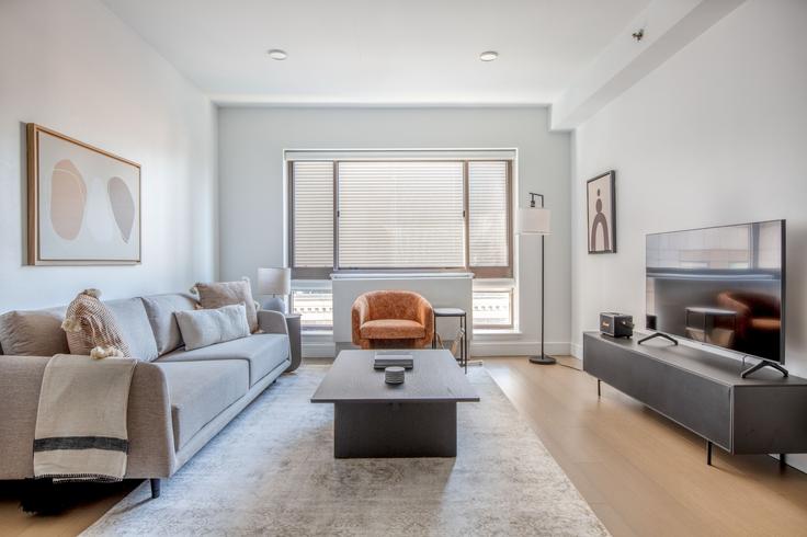 Salle de séjour élégante avec mobilier moderne dans un appartement à The Cameo à Manhattan, New York Salle de séjour élégante avec mobilier moderne dans un appartement à The Cameo à Manhattan, New York