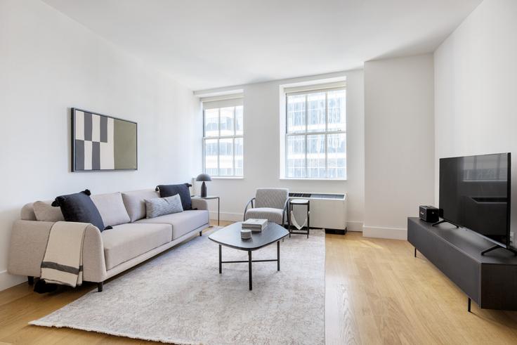 Salle de séjour élégante avec mobilier moderne dans un appartement à 63/67 wall street à Manhattan, New York Salle de séjour élégante avec mobilier moderne dans un appartement à 63/67 wall street à Manhattan, New York