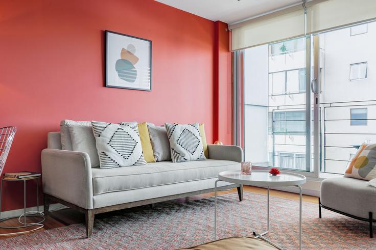 Elegantly designed living room with modern furnishings in an apartment at Homero 1433 in Polanco, Mexico City