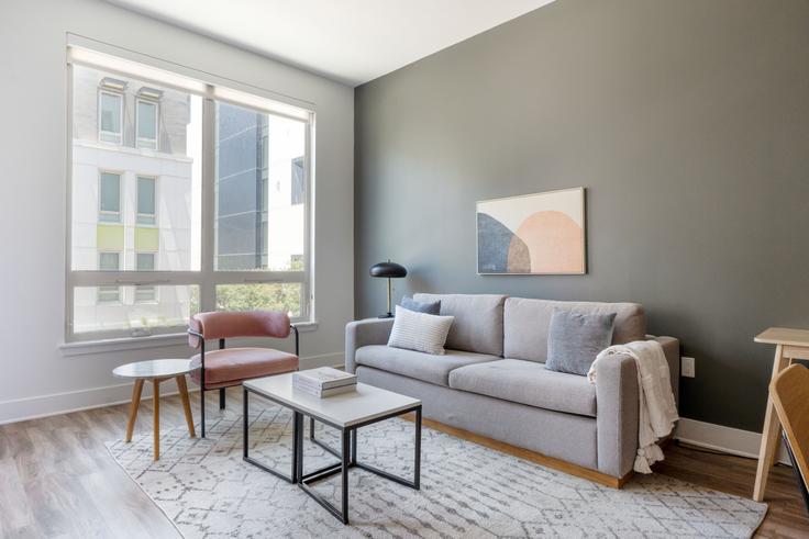 Elegantly designed living room with modern furnishings in an apartment at Loft House in Sunnyvale, San Francisco Bay Area