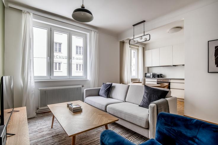 Elegantly designed living room with modern furnishings in an apartment at Lustkandlgasse 18 in Vienna, Vienna